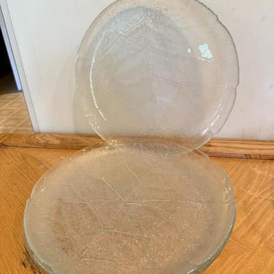 LOT 119F: Flower Design Glass Cake Plate & Leaf Design Plates & Bowl