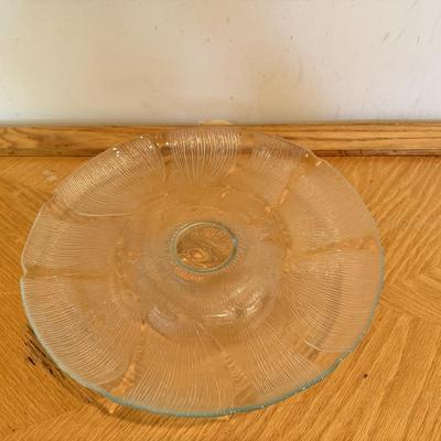LOT 119F: Flower Design Glass Cake Plate & Leaf Design Plates & Bowl