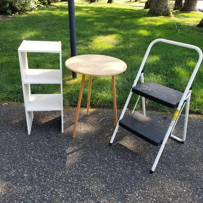 LOT 125G: Cosco Stepstool, Round Accent Table, 3-Tier Shelving Unit