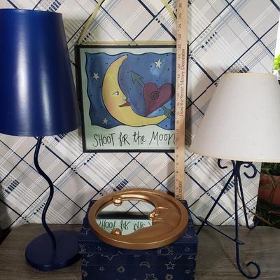LOT 128L: Vintage Celestial Blue Decor Collection; Mirror, Wall Hanging, Lamps, and More