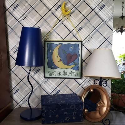 LOT 128L: Vintage Celestial Blue Decor Collection; Mirror, Wall Hanging, Lamps, and More
