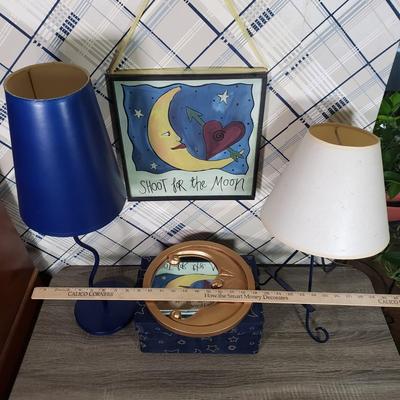 LOT 128L: Vintage Celestial Blue Decor Collection; Mirror, Wall Hanging, Lamps, and More