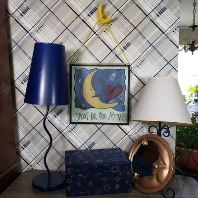 LOT 128L: Vintage Celestial Blue Decor Collection; Mirror, Wall Hanging, Lamps, and More