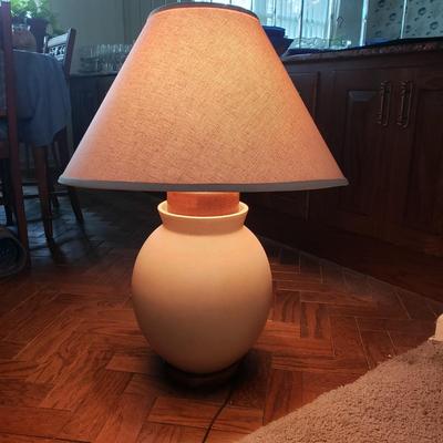 LOT 129L: Rattan Plant Stand with Live Plant and Large Decorative Table Lamp