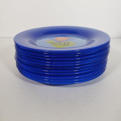 LOT 130L: Arcoroc France Blue Matys Glass Tableware with Orange Tulips