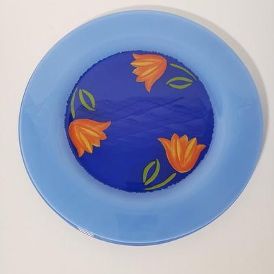 LOT 130L: Arcoroc France Blue Matys Glass Tableware with Orange Tulips