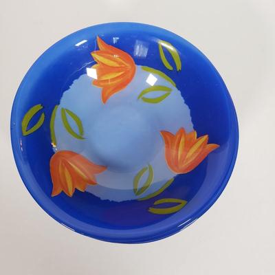 LOT 130L: Arcoroc France Blue Matys Glass Tableware with Orange Tulips