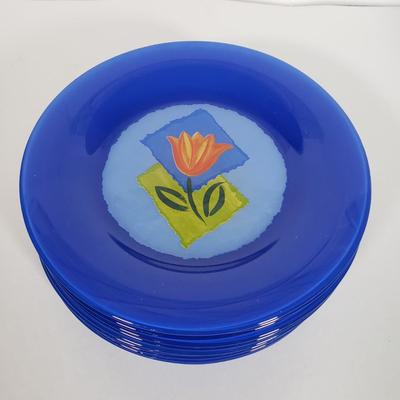 LOT 130L: Arcoroc France Blue Matys Glass Tableware with Orange Tulips