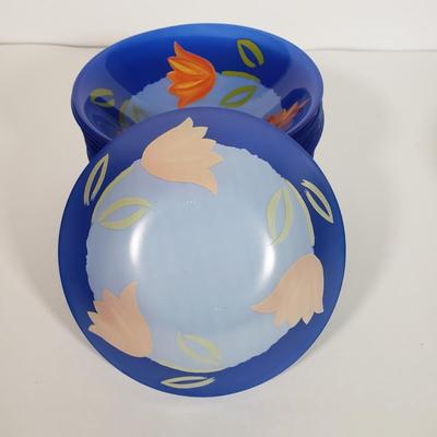 LOT 130L: Arcoroc France Blue Matys Glass Tableware with Orange Tulips