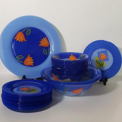 LOT 130L: Arcoroc France Blue Matys Glass Tableware with Orange Tulips