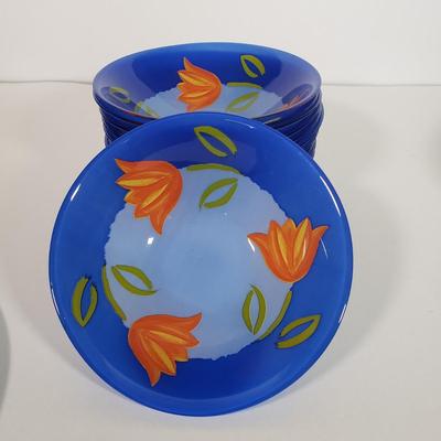 LOT 130L: Arcoroc France Blue Matys Glass Tableware with Orange Tulips
