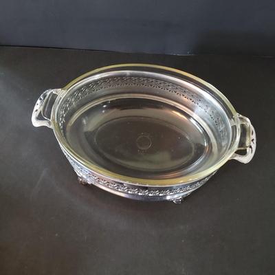LOT 134L: Silverplate Condiment Cart, Pyrex Casserole Dish with Stand, Coronet Silver on Copper Platter
