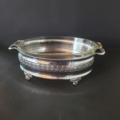 LOT 134L: Silverplate Condiment Cart, Pyrex Casserole Dish with Stand, Coronet Silver on Copper Platter