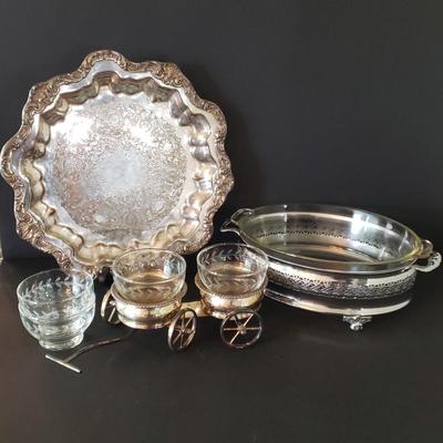 LOT 134L: Silverplate Condiment Cart, Pyrex Casserole Dish with Stand, Coronet Silver on Copper Platter