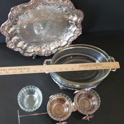 LOT 134L: Silverplate Condiment Cart, Pyrex Casserole Dish with Stand, Coronet Silver on Copper Platter