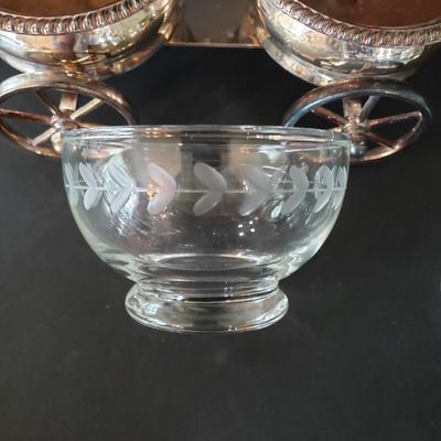 LOT 134L: Silverplate Condiment Cart, Pyrex Casserole Dish with Stand, Coronet Silver on Copper Platter