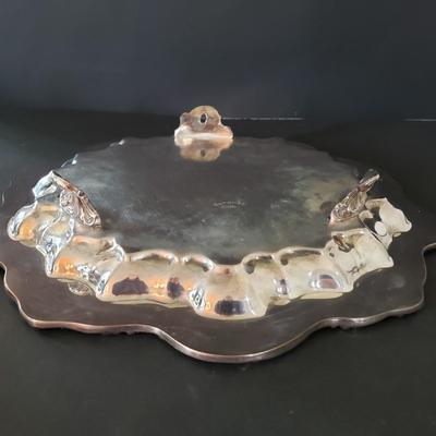 LOT 134L: Silverplate Condiment Cart, Pyrex Casserole Dish with Stand, Coronet Silver on Copper Platter