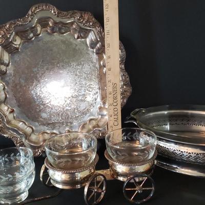 LOT 134L: Silverplate Condiment Cart, Pyrex Casserole Dish with Stand, Coronet Silver on Copper Platter