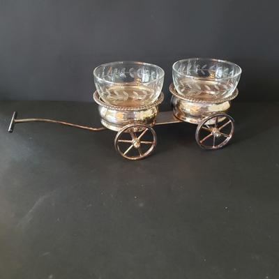 LOT 134L: Silverplate Condiment Cart, Pyrex Casserole Dish with Stand, Coronet Silver on Copper Platter