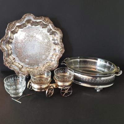 LOT 134L: Silverplate Condiment Cart, Pyrex Casserole Dish with Stand, Coronet Silver on Copper Platter