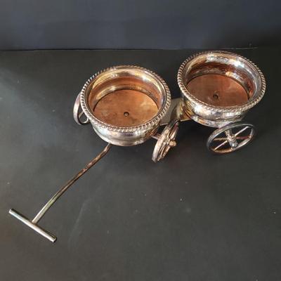 LOT 134L: Silverplate Condiment Cart, Pyrex Casserole Dish with Stand, Coronet Silver on Copper Platter