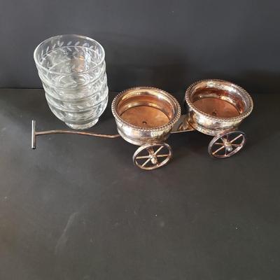 LOT 134L: Silverplate Condiment Cart, Pyrex Casserole Dish with Stand, Coronet Silver on Copper Platter