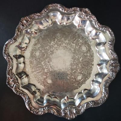 LOT 134L: Silverplate Condiment Cart, Pyrex Casserole Dish with Stand, Coronet Silver on Copper Platter