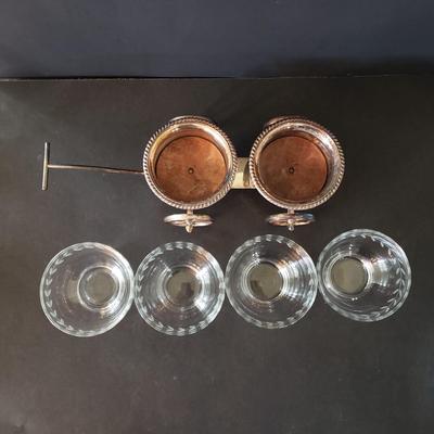 LOT 134L: Silverplate Condiment Cart, Pyrex Casserole Dish with Stand, Coronet Silver on Copper Platter