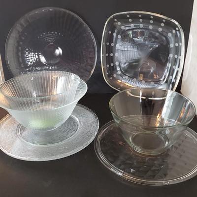 LOT 135L: Rare Fostoria American 12" Round Glass Tray with Assortment of Serving Dishes with Different Patterns and Textures