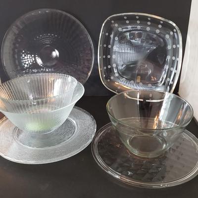 LOT 135L: Rare Fostoria American 12" Round Glass Tray with Assortment of Serving Dishes with Different Patterns and Textures