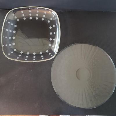 LOT 135L: Rare Fostoria American 12" Round Glass Tray with Assortment of Serving Dishes with Different Patterns and Textures