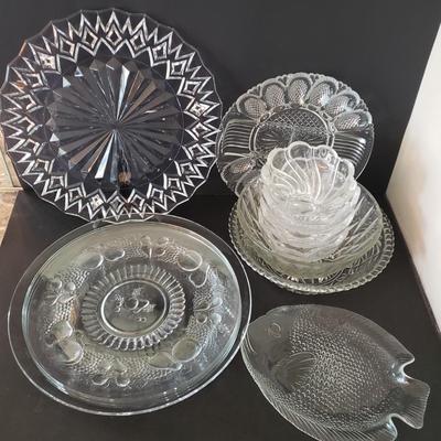LOT 136L: 14" Lead Crystal Cathedral Cake Plate, Glass Egg Plate, Fish Dish, and More