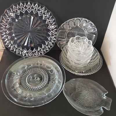 LOT 136L: 14" Lead Crystal Cathedral Cake Plate, Glass Egg Plate, Fish Dish, and More