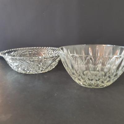 LOT 136L: 14" Lead Crystal Cathedral Cake Plate, Glass Egg Plate, Fish Dish, and More