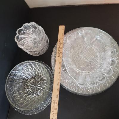 LOT 136L: 14" Lead Crystal Cathedral Cake Plate, Glass Egg Plate, Fish Dish, and More