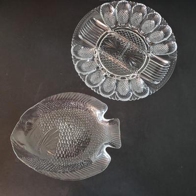 LOT 136L: 14" Lead Crystal Cathedral Cake Plate, Glass Egg Plate, Fish Dish, and More