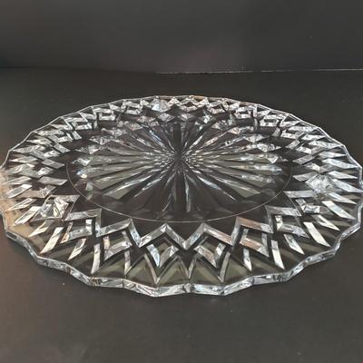 LOT 136L: 14" Lead Crystal Cathedral Cake Plate, Glass Egg Plate, Fish Dish, and More