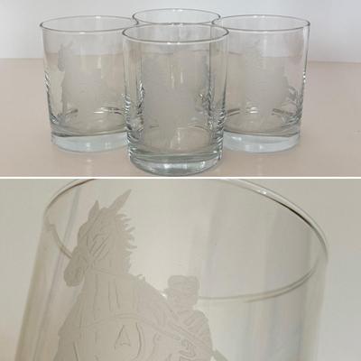 LOT 161F: Jockey Riding Horse Etched Whiskey Glasses (4)