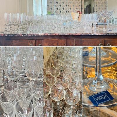 LOT 163D: HUGE Collection of Stemware: Mikasa Martini Glasses, Etched Glasses, Pressed & More