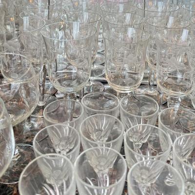 LOT 163D: HUGE Collection of Stemware: Mikasa Martini Glasses, Etched Glasses, Pressed & More