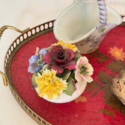 LOT 165F: Vintage Red Rose Tray & Ceramic Trinkets