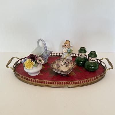 LOT 165F: Vintage Red Rose Tray & Ceramic Trinkets
