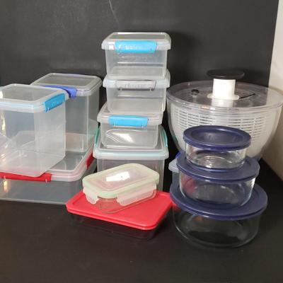 LOT 221K: Pyrex and Sistema Storage Container Sets; Salad Spinner