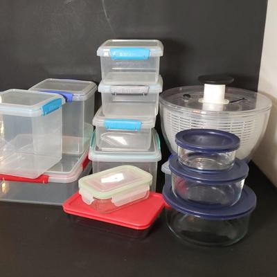 LOT 221K: Pyrex and Sistema Storage Container Sets; Salad Spinner