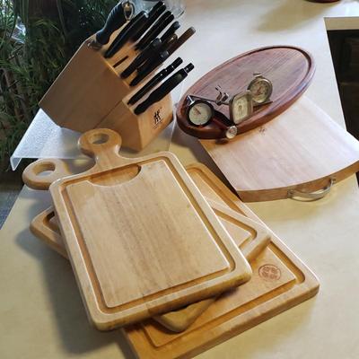 LOT 222K: Kitchen Cutting Boards, J.A. Henckels Wooden Knife Block with Assorted Knives, and More