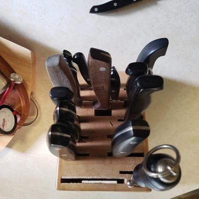 LOT 222K: Kitchen Cutting Boards, J.A. Henckels Wooden Knife Block with Assorted Knives, and More