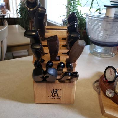 LOT 222K: Kitchen Cutting Boards, J.A. Henckels Wooden Knife Block with Assorted Knives, and More