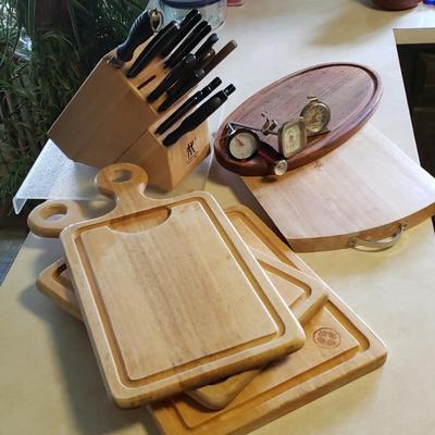 LOT 222K: Kitchen Cutting Boards, J.A. Henckels Wooden Knife Block with Assorted Knives, and More