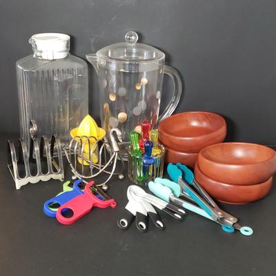 LOT 223K: Kitchen Accessories; Turned Wood Bowls, Vintage Glass Refrigerator Bottle, Vintage Toast Racks, and More