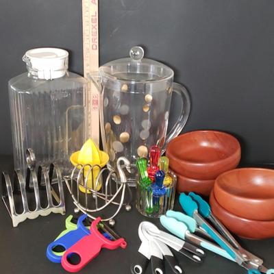 LOT 223K: Kitchen Accessories; Turned Wood Bowls, Vintage Glass Refrigerator Bottle, Vintage Toast Racks, and More
